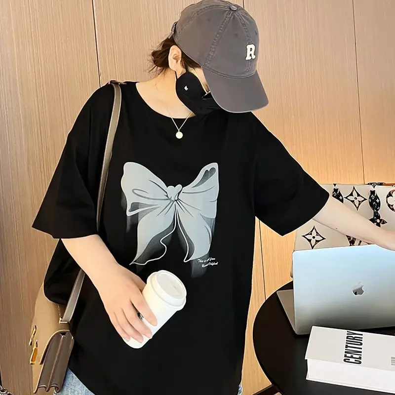 Summer Clothes for Women Plus Size Korean Butterfly Print Design Short Sleeve T-Shirt Black White Loose Round Neck Pullover Tops