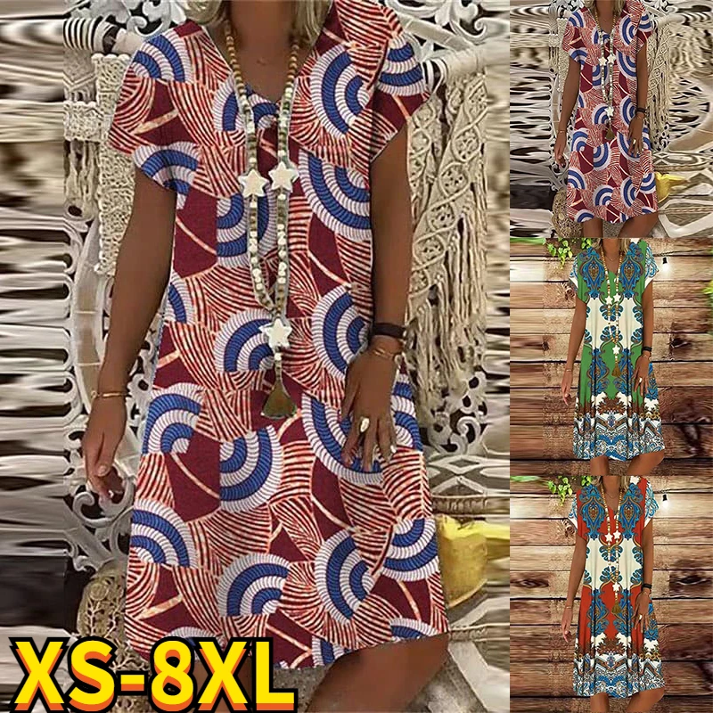 

2022 Summer Elegant Women's Abstract Printed Painting Dress V Neck Female Short Sleeves Knee Length New Design Dress Plus Size