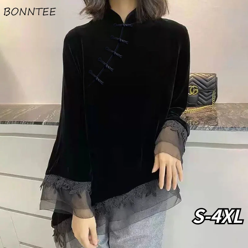 

2023 Popular Blouses Women Chinese Style Vintage Stand Collar Aesthetic Retro Patchwork Female Blusas Long Sleeve Temperament Ch