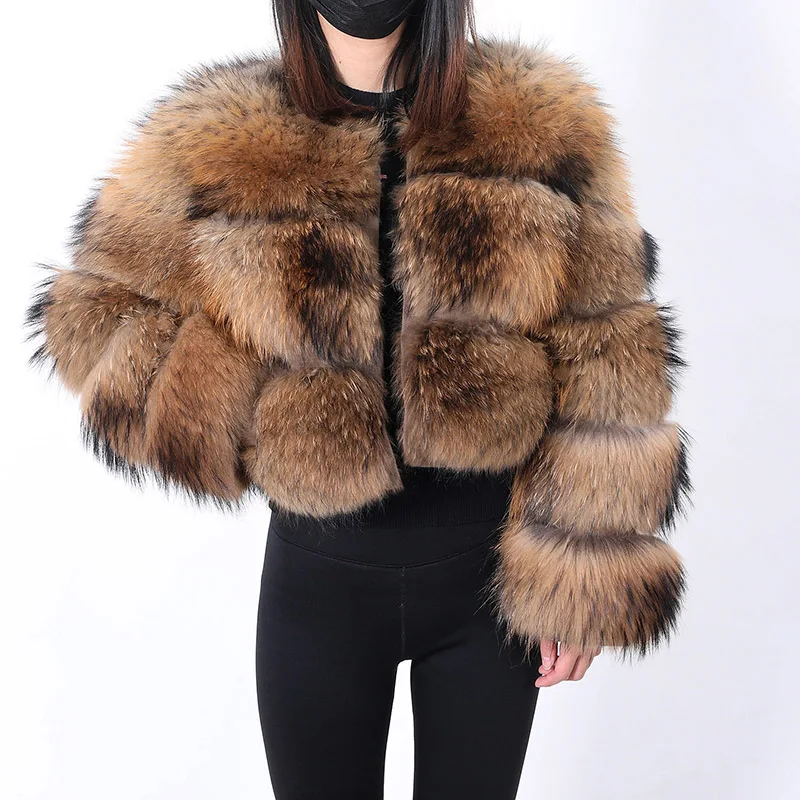 Enlarge Women's Fashion Full Pelt Coats Real Round Neck Warm Fur Coat Real Natural Raccoon Jacket Natural Long Sleeve