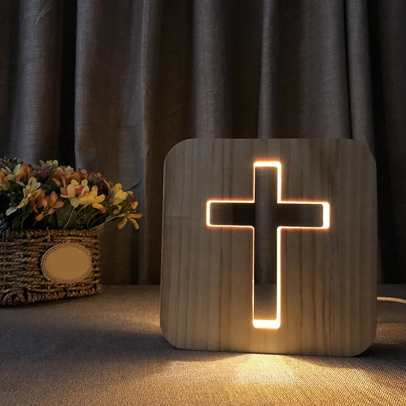 

Настольные лампы 3D светодиодный светильник, ночник USB, поделки с распятием для подарка, украшение для дома, деревянный крест