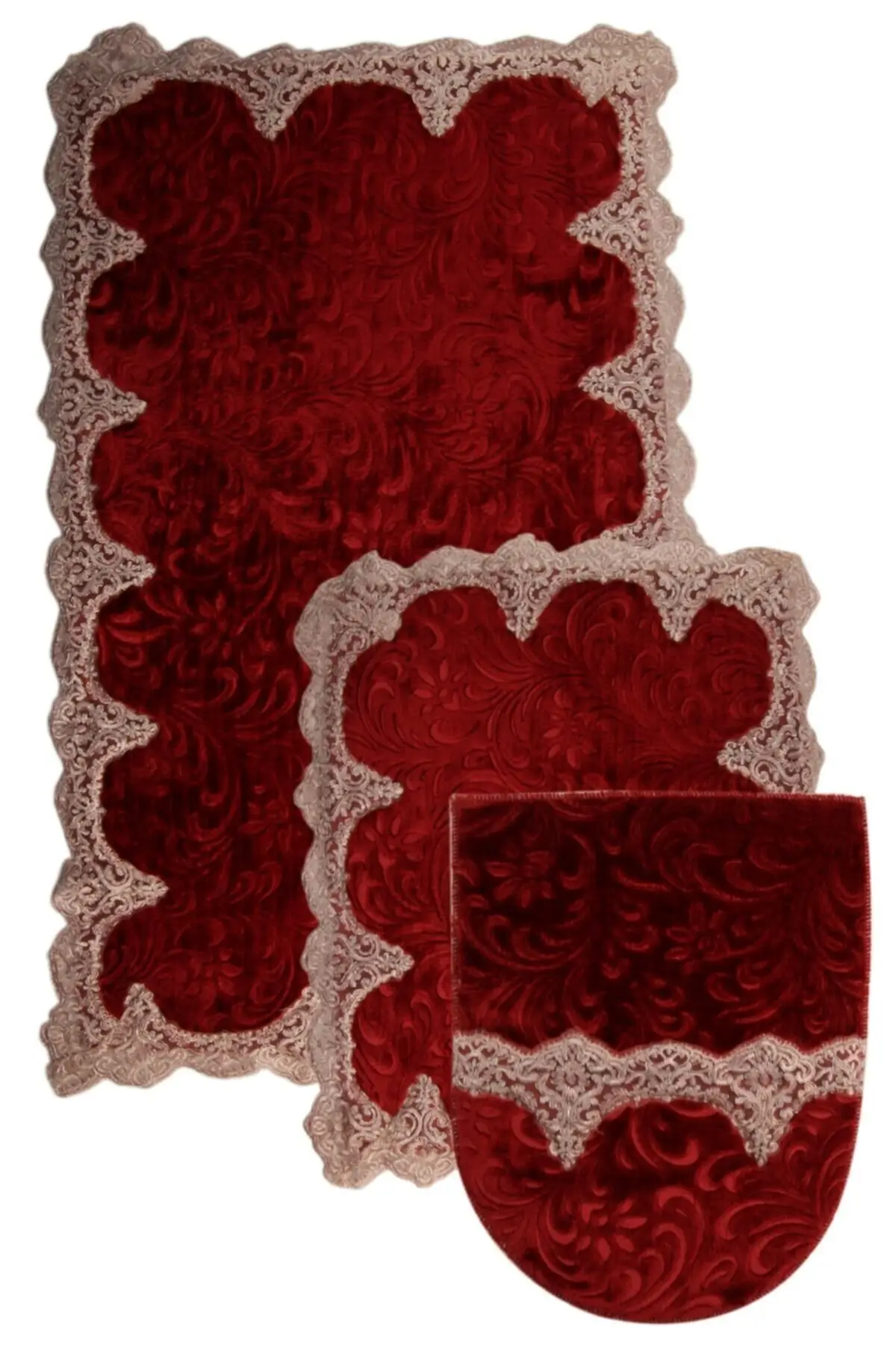 

Plush Lux Corner Burgundy 3 Lacy Toilet Set For dowry Bath Carpet Mat Non-Slip Base Textile Home &