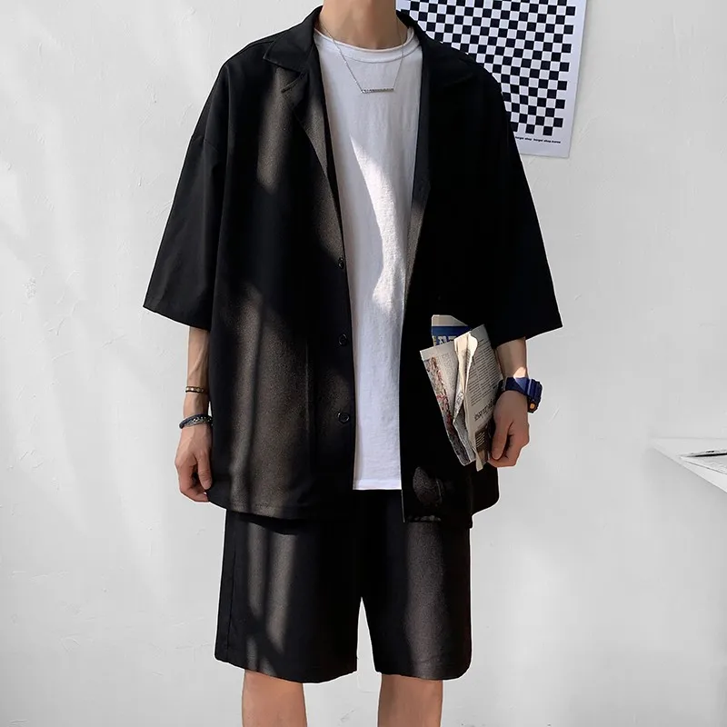 

Suit Men's Matching Korean Bottoms Clothing Fashion Oversized Jacket And Shorts Thin Short Set Top Style Sleeve Solid Summer Man