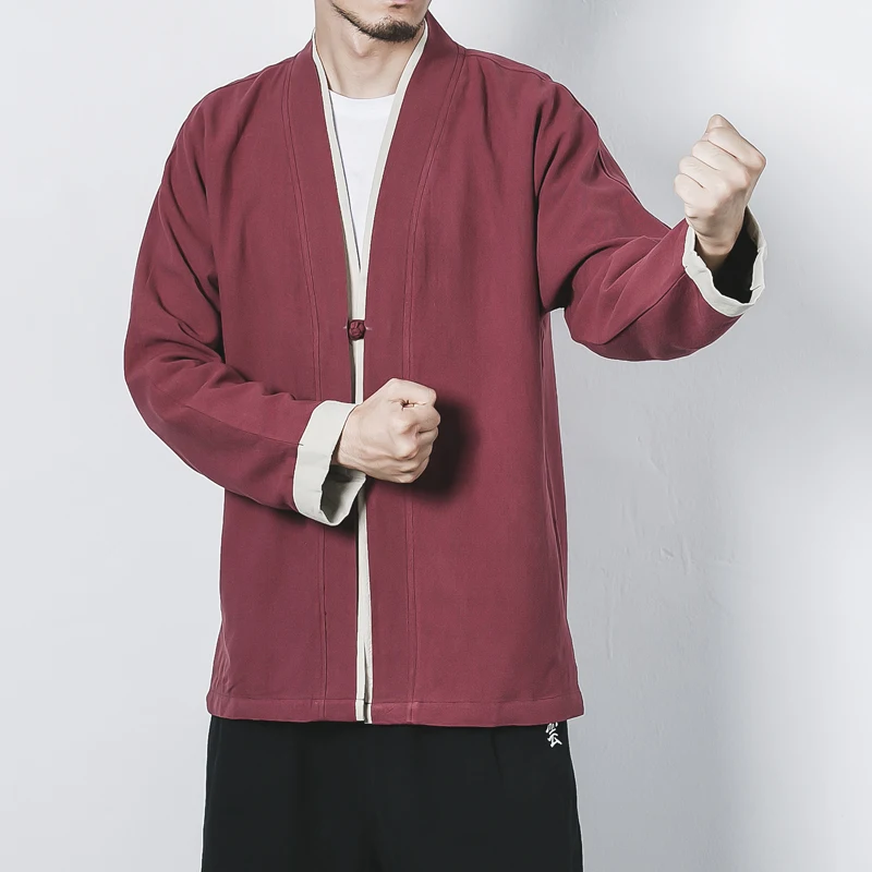 Chinese Style Cardigan Color Matching Loose Large Size Retro Jacket Men's Jacket Layman Clothes Samurai Japanese Kimono Top