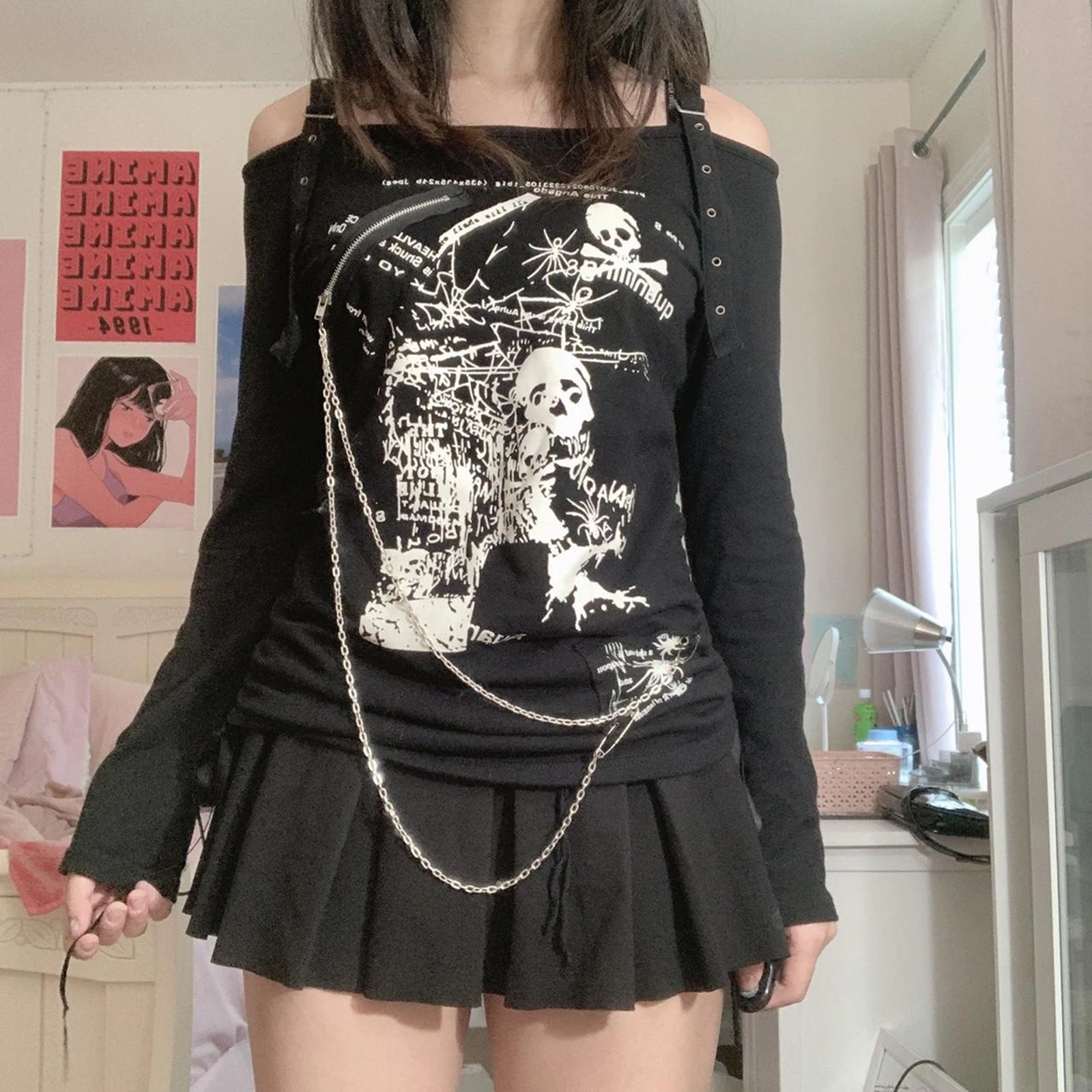 

Dourbesty 00s Dark Academia Skull Print T-Shirts Vintage Gothic Grunge Tees Belts Slash Neck Harajuku Autunm Aesthetic Tops Y2k