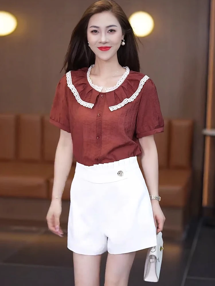 Рубашка с кукольным воротником и коротким рукавом женские летние новые