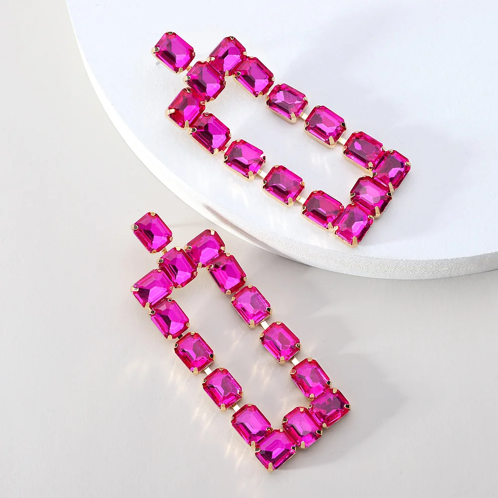 

Big Statement Rectangle Fuchsia Crystals Long Dangle Drop Earrings For Women Luxury Wedding Party Jewelry