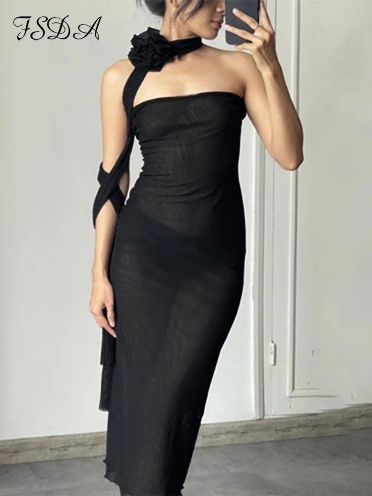 

2023 Summer Mesh Strapless Party Dress Women Black Sleeveless Midi Bodycon Dresses Elegant Sexy Club Fashion Outfist