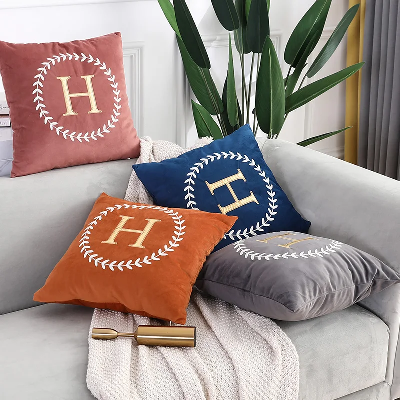 

Velvet Decorative Embroidery H M Letters Waist Hug Cushion Cover for Sofa Couch Bed Nordic Luxury Pillow Covers Without Inner