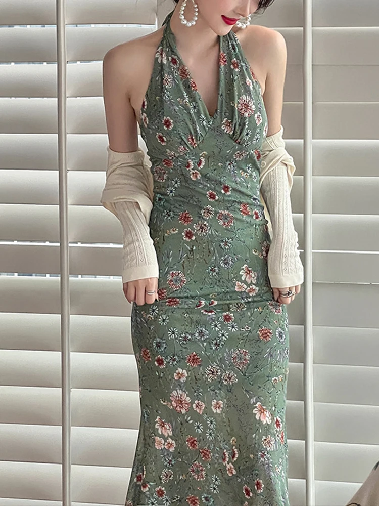 

French Women Evening Dress Vintage Sexy See Through Floral Halter Backless Slim Midi Party Beach Robe Femme Mujer Vestido Fiesta