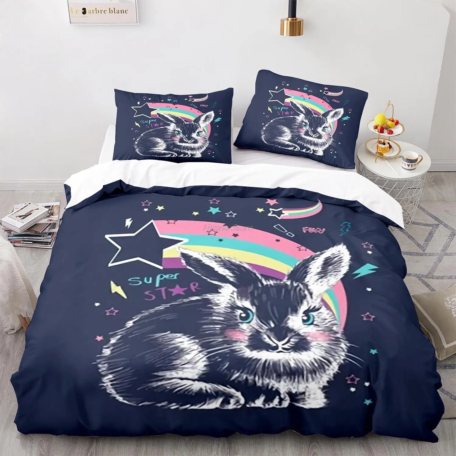 

Rainbow Bunny Bedding Set Single Twin Full Queen King Size Kawaii Girl Bed Set Aldult Kid Bedroom Duvetcover Sets 3D Print 011