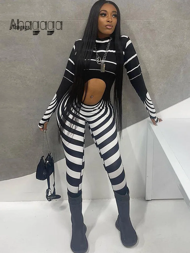 

AHAgaga Sexy Cut Out Jumpsuit Women Rompers Print O-neck Streetwear Casual Skinny Jumpsuits Women Autumn Fashion Ladies Overalls
