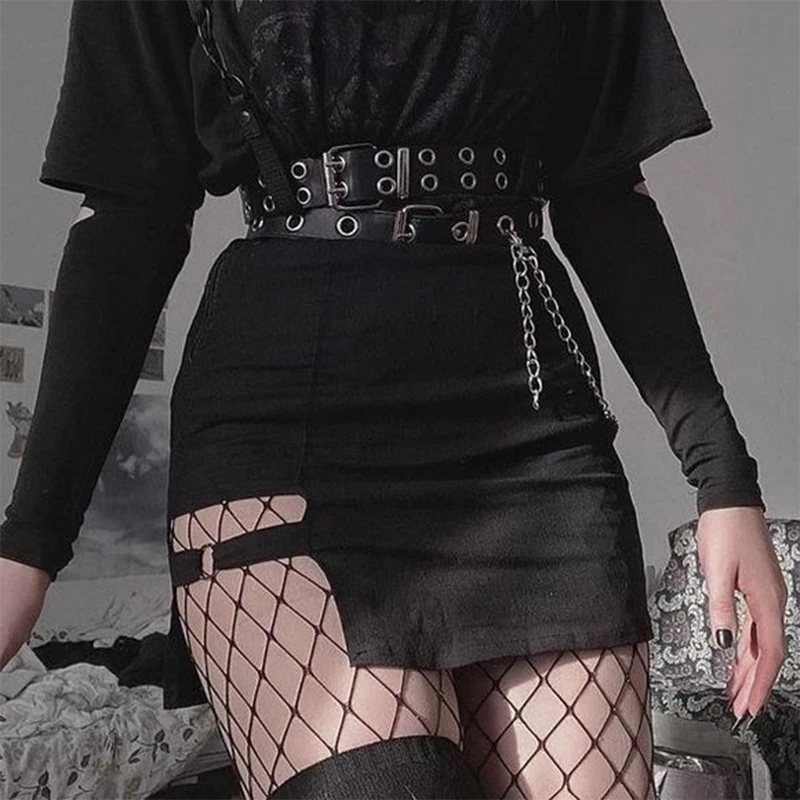 

Gothic Style Dark Academia Mini Skirt with Rings Punk High Waist Black Pencil Skirt Harajuku Grunge Korean Fashion Streetwear