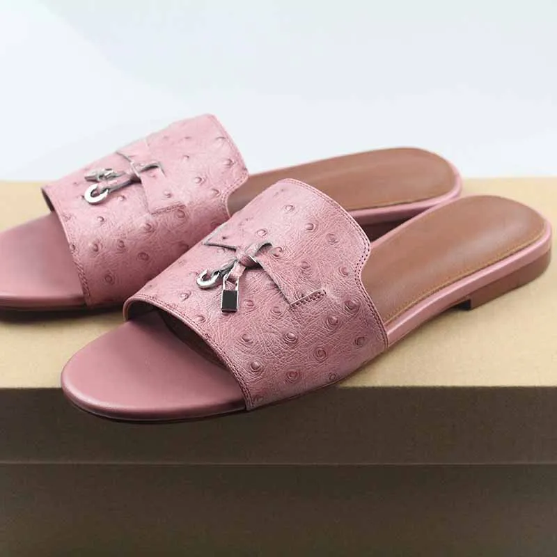Summer New Women's Leather Slippers Pure Color LP Slippers Leisure Walk Slipper Ostrich Leather Brand Slippers  Size 34-46