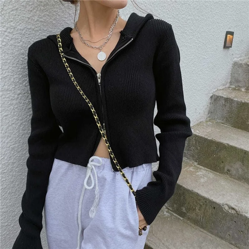 

Deeptown Knitted Sweater Women Vintage Zip Up Cropped Cardigan Long Sleeve Jumpers Streetwear Korean 2021 Fall Fashion Casual