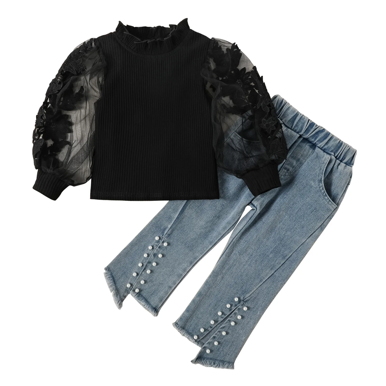 Girl Embroidered Mesh Bubble Sleeve Clothes Set Kids Stand Collar Shirt Pearl Hem Design Jeans Outfits Suit
