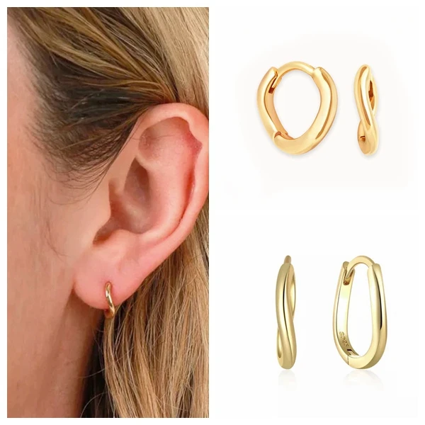 

925 Sterling Silver Needle Twisted Wave Oval Plain Hoop Earrings for Women Minimalist Metal Gold Earrings Anniversary Jewelry