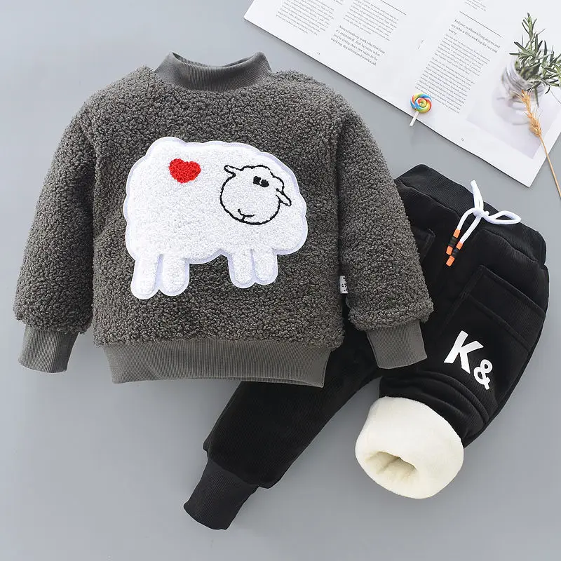 

Baby Plus Velvet Suit 2020 Winter New Boys Cartoon Padded Pullover Vests Girls Warm Cotton Pants 0-8Years Old Baby Two-piece Set