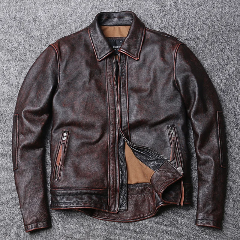 

Red-Brown American Retro Motorcycle Style Distressed High Sense Classic Genuine Leather Jacket Vintage Quality Cowhide Coat 6XL