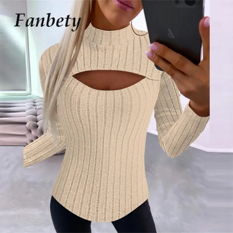 

Autumn Basic Skinny Ribbed Knitted Blouses Shirts Women Sexy Chic Front Chest Hollow Out Tops Female Long Sleeve Bottom Blusas