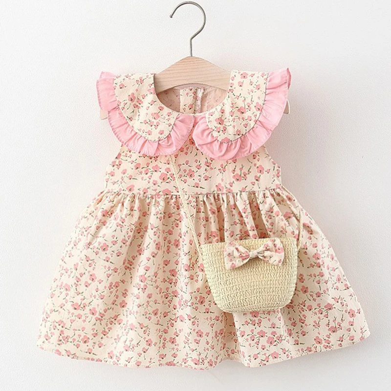 

2Piece Summer Outfit Infant Baby Girl Princess Beach Dress+Bag Cute Print Cotton Sleeveless Toddler Baby Girl Clothes Set