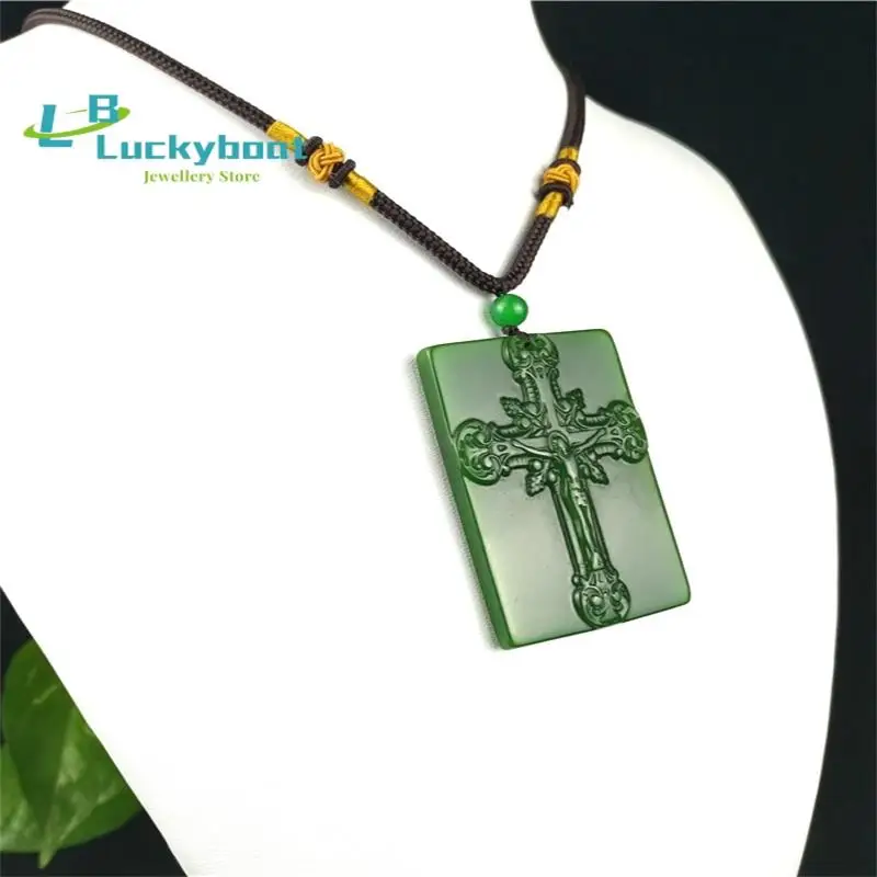 Natural Green Hetian Jade Stone Cross Pendant Necklace Carved Chinese Jadeite Jewelry Charm Jesus Amulet Gifts for Women Men images - 6