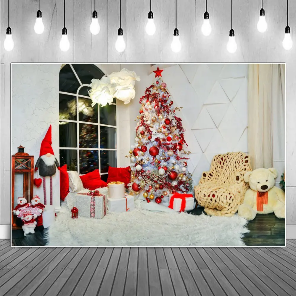

Red Bell Tree Christmas Window Photography Backdrop 2023 Home Flower Lights Sofa Teddybear Gifts Mat Decoration Photo Background