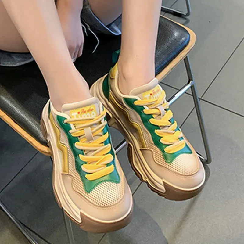 Women's Shoes 2023 Spring and Summer New Lace-up Color-Blocking Inner Height-increasing Shoes Sneakers Women Tenis Feminino