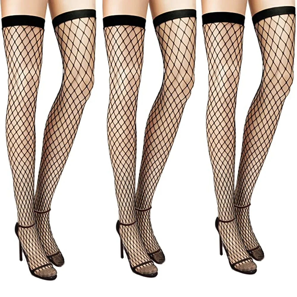 10sets Women's Fishnet Thigh High Stockings Over The Knee Socks Black Large Grid Fishnet Thigh Highs for Women and Girls