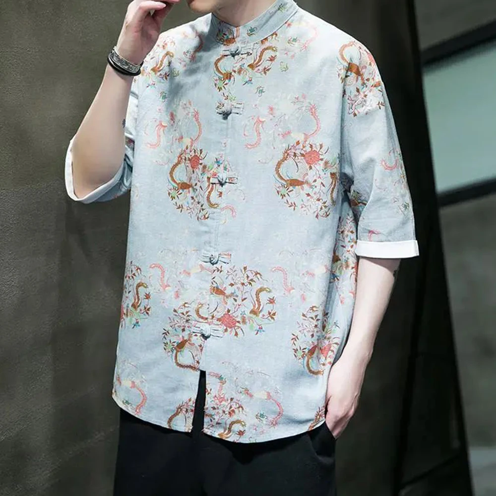 

Chinese Style Summer Cotton And Linen Half-sleeved Men's Retro Buckle Tang Suit Dragon Totem Hanfu Loose Large Size Shirt Shirt