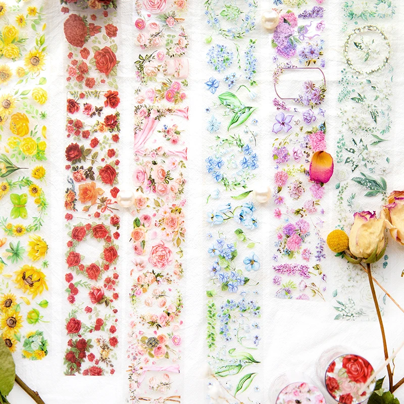 

1Roll Tape 2M Tape Roses Stickers White ink Flower Memo Adhesives Material Floral Sunflowers Dairy Supplies Decorative 50MM