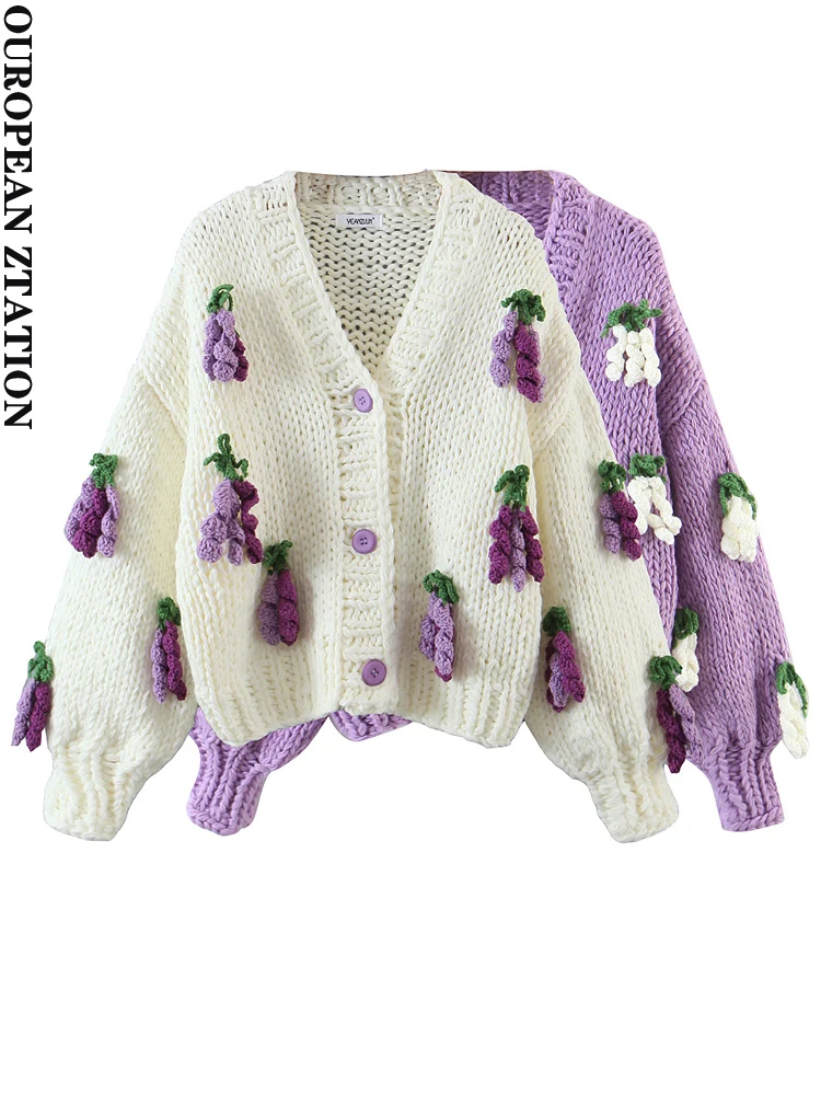 PAILETE Women 2022 fashion grape bunch handmade sweater cardigan vintage v neck long sleeve female outerwear chic tops