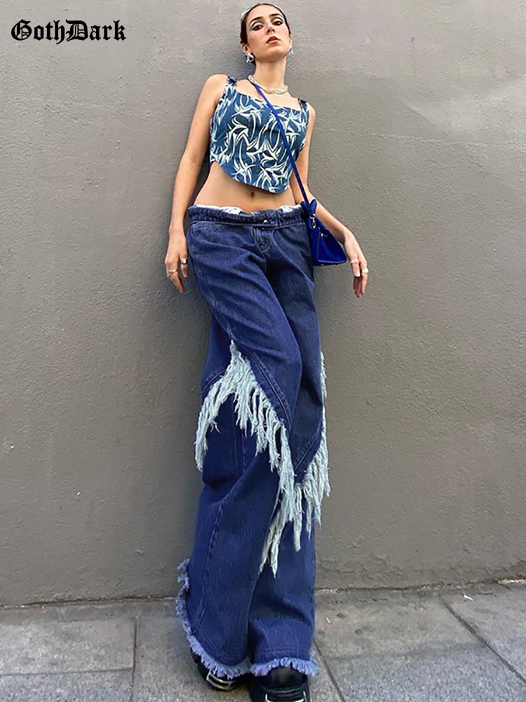 

Goth Dark Y2k Streetwear Low Waist Tassel Fashion Jeans Punk Wide Leg Summer Women Denim Pants Korean Patchwork Trousers 2022