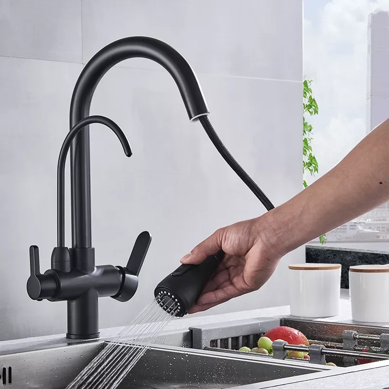 

Matte Black Pure Water Kitchen Faucet Dual Handle Hot and Cold Drinking Water Pull Out Kitchen Mixer Taps
