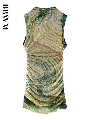 Women 2023 Summer Dress Ruched Printed Silk Tulle Short Dresses Women Vintage Sleeveless Dress Chic Female Casual Party Dresses
