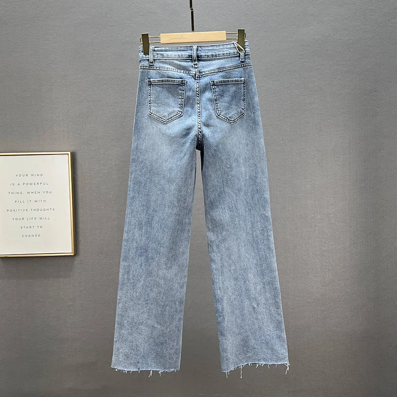 Jeans Women's Wide-Leg Pants 2022 Spring Summer New High Waist Hot Drilling Loose Trousers Office Lady Blue Trousers Female Jean