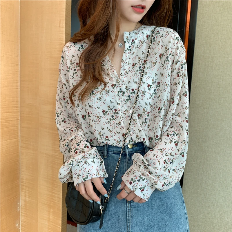 

Elegant Korean Floral Shirt Summer Long Sleeve Loose Sweet Chic Fashion Chiffon Women Blouse Vintage Blusas Camisa Chemise Femme