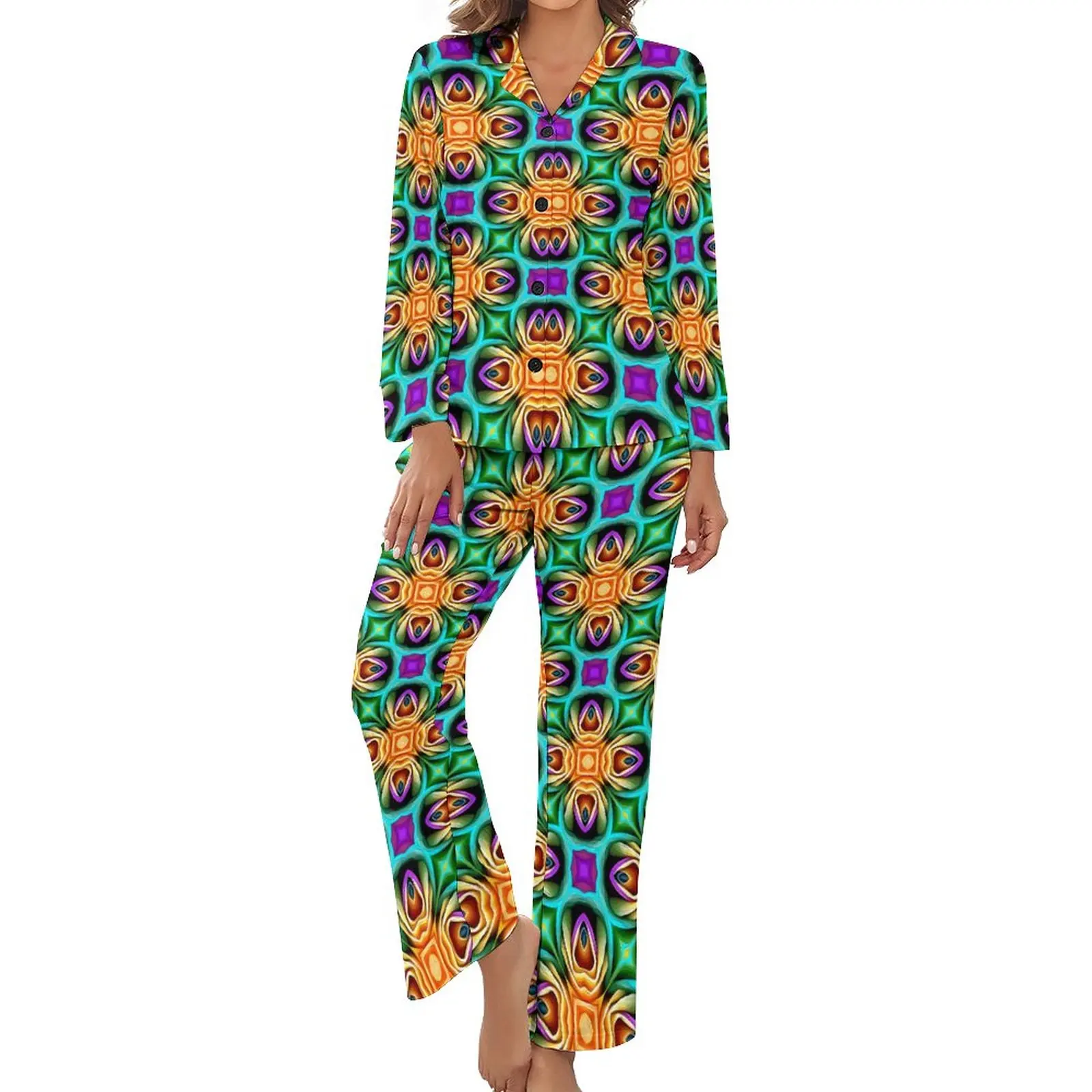 

Colorful Rose Pajamas Abstract Flower Room V Neck Home Suit Women Two Piece Design Long-Sleeve Retro Pajama Sets