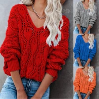 2022 autumn and winter new womens casual solid color hollow v neck knitted long sleeved pullover sweater
