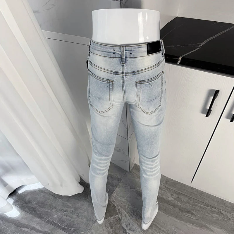 Street Fashion Men Jeans Retro Light Blue Elastic Stretch Skinny Ripped Jeans Men Patched Designer Hip Hop Brand Pants Hombre
