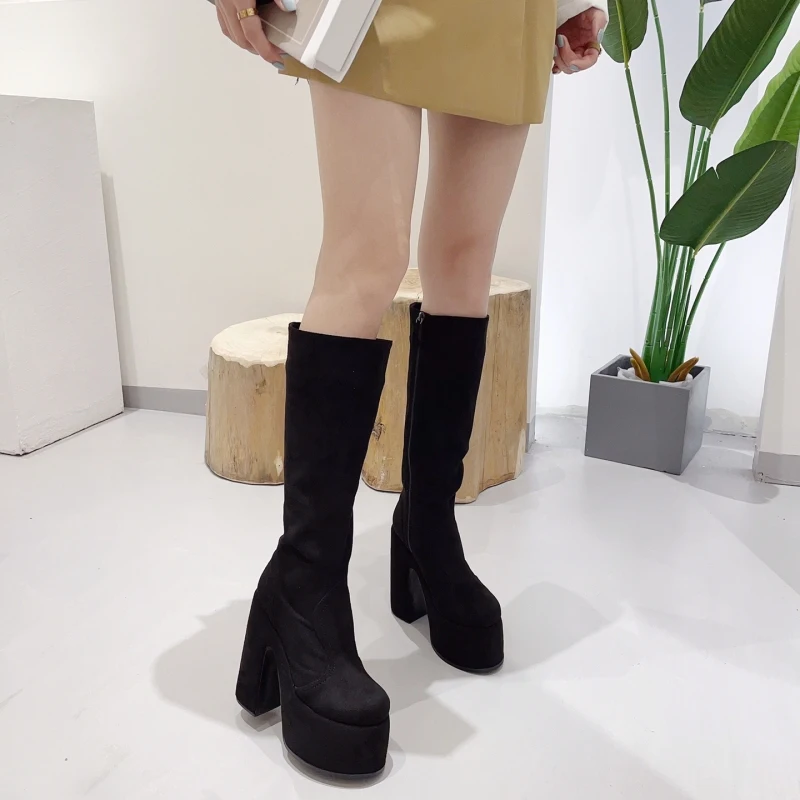 New Wild Suede Chunky High Heel Boots Women Chunky Heels Sexy Fashion Boots Shoes Size 35-42