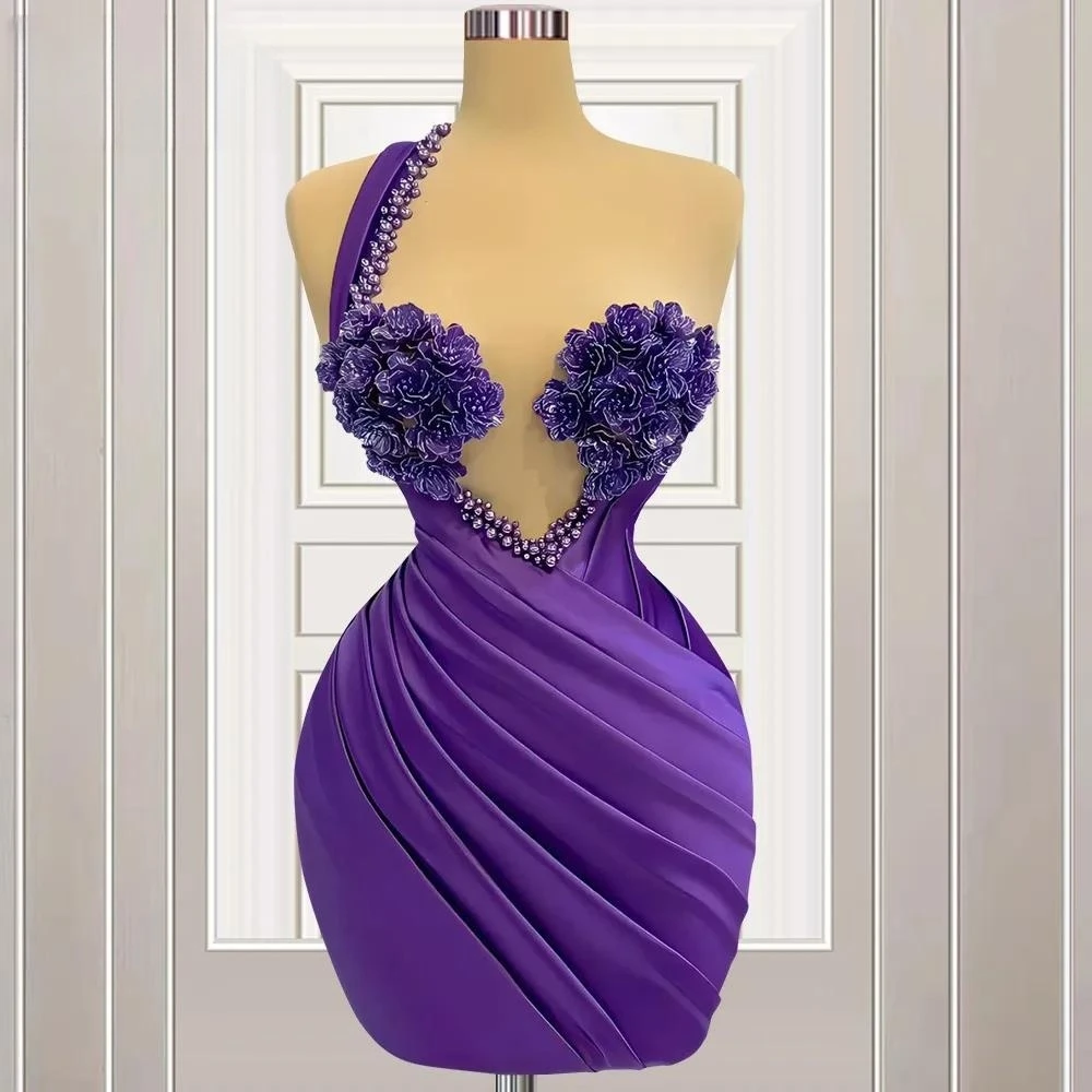 

Purple Cocktail Dresses Sheath One-shoulder Short Mini Flowers Pearls Homecoming Dresses Haute Couture