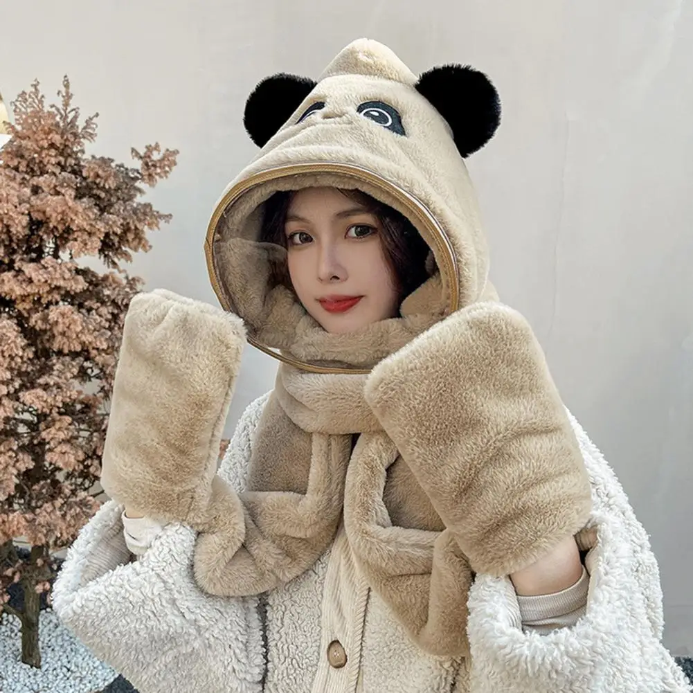 

Knitted Hat Winter Women's Windproof 3-in-1 Hat Scarf Gloves Set with Plush Bear Decor Thick Detachable Protective Cycling Neck