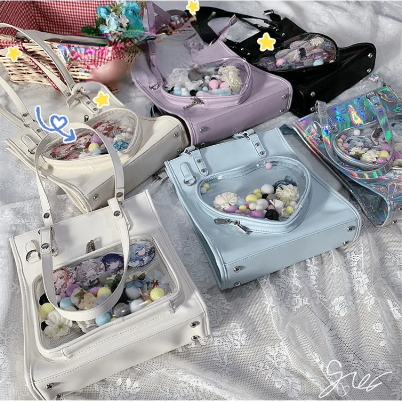

2023 New Popular PU Ita Bag Sweet Transparent Heart Totes for Women High-capacity Clear Shoulder Bag Fashion Trendy Bolsa Mujer
