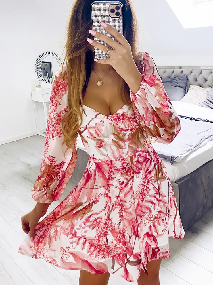 

Women Ruffles Square Collar Chiffon Print Mini Dress Pleated Beach Backless Sundress Long Sleeve Ladies 2022 Party Dresses