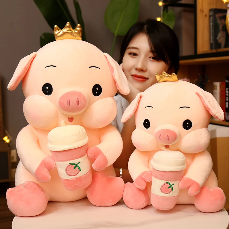 

35-65cm Soft Stuffed Pink Piggy Animal Doll Pillow Lovely Crown Pig with Fruit Bubble Tea Plush Toy Kawaii Gift for Girls