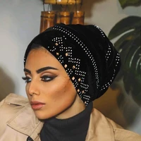 h221 criss crossed full cover pleuche muslim hijab hats with rhinestones amira islamic scarf velvet fabric winter turban caps