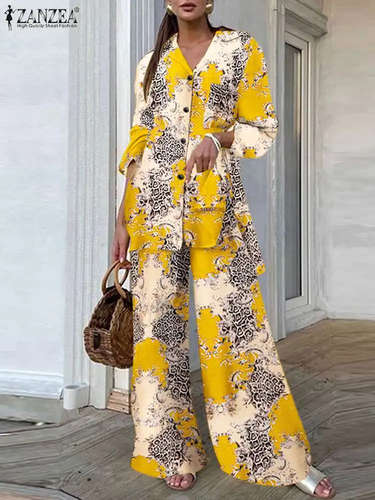 

ZANZEA Printing Wide Leg Trousers Outfits Women Fashion Top and Pant 2pcs Pant Sets Long Sleeve Long Shirts Casual Tracksuits