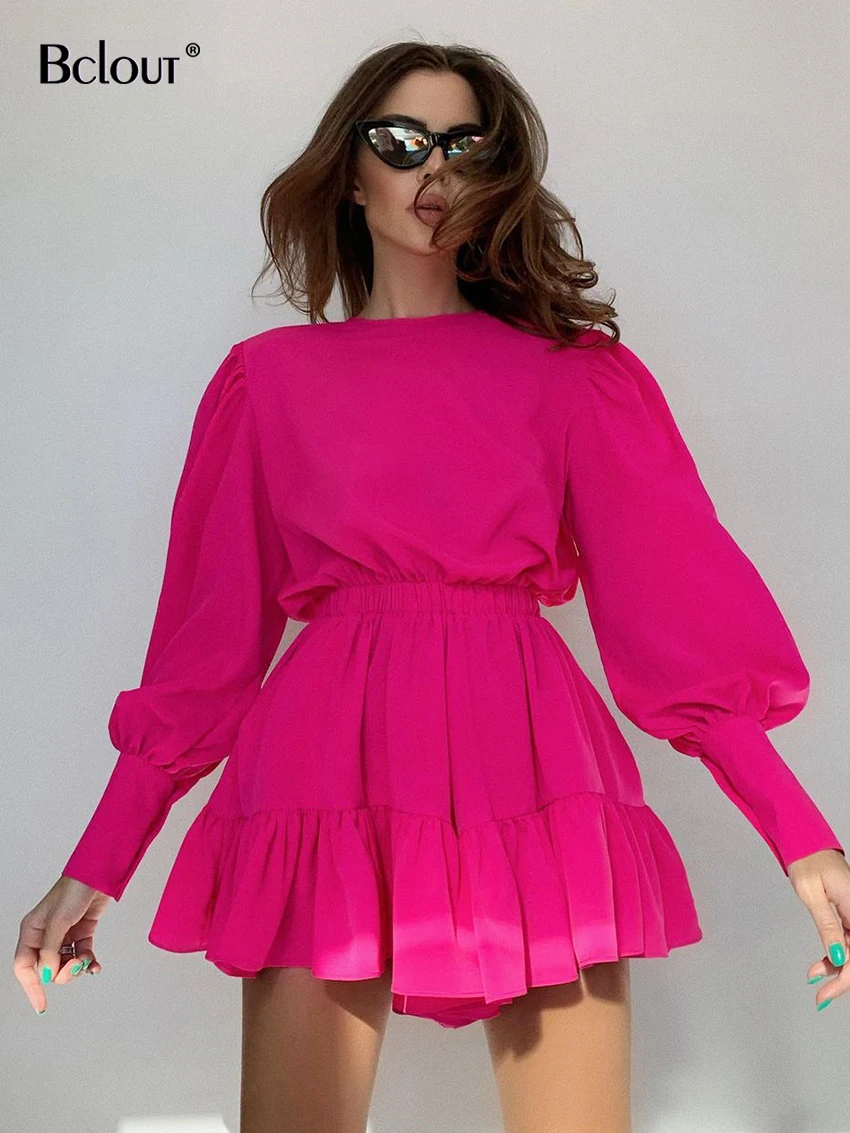 

Bclout Lantern Sleeve High Waist A-Line Pleated Women'S Dress Casual O Neck Pink Mini Dresses Autumn Sexy Long Sleeve Robe 2021