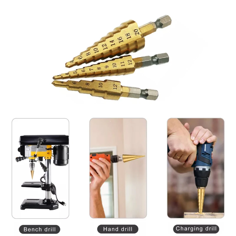 

3-12 мм/4-12 мм/4-20 мм, ступенчатое сверло из быстрорежущей стали с титановым покрытием для дерева, металла, резак, сердечник, конусный набор инст...